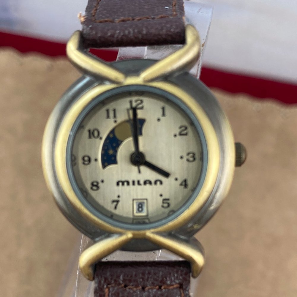 Vintage Milan Moon Phase Quartz Watch Antique Gold Finish Brown Braided Strap